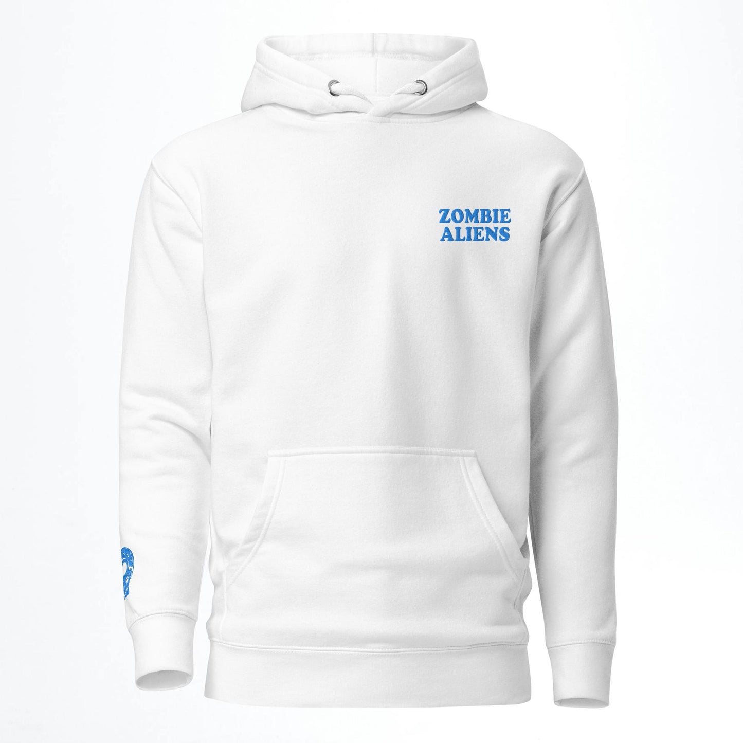 White hoodie with 'Zombie Aliens' text on a white background