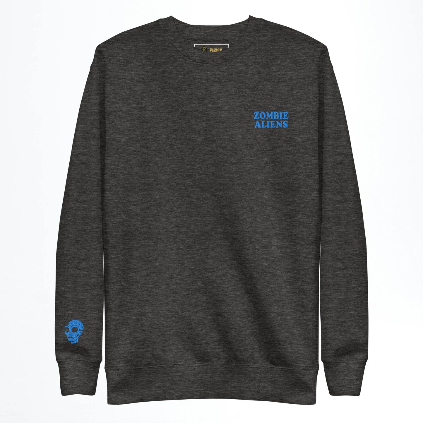 Dark gray sweatshirt with blue text Zombie Aliens and logo on a white background