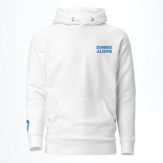 White hoodie with 'Zombie Aliens' text on a white background