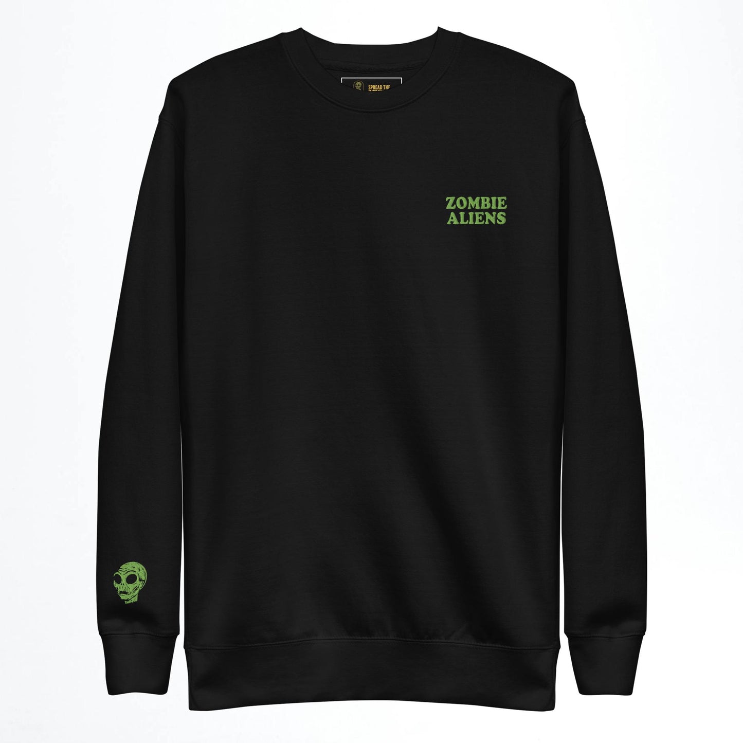 Black sweatshirt with 'Zombie Aliens' text and logo on a white background