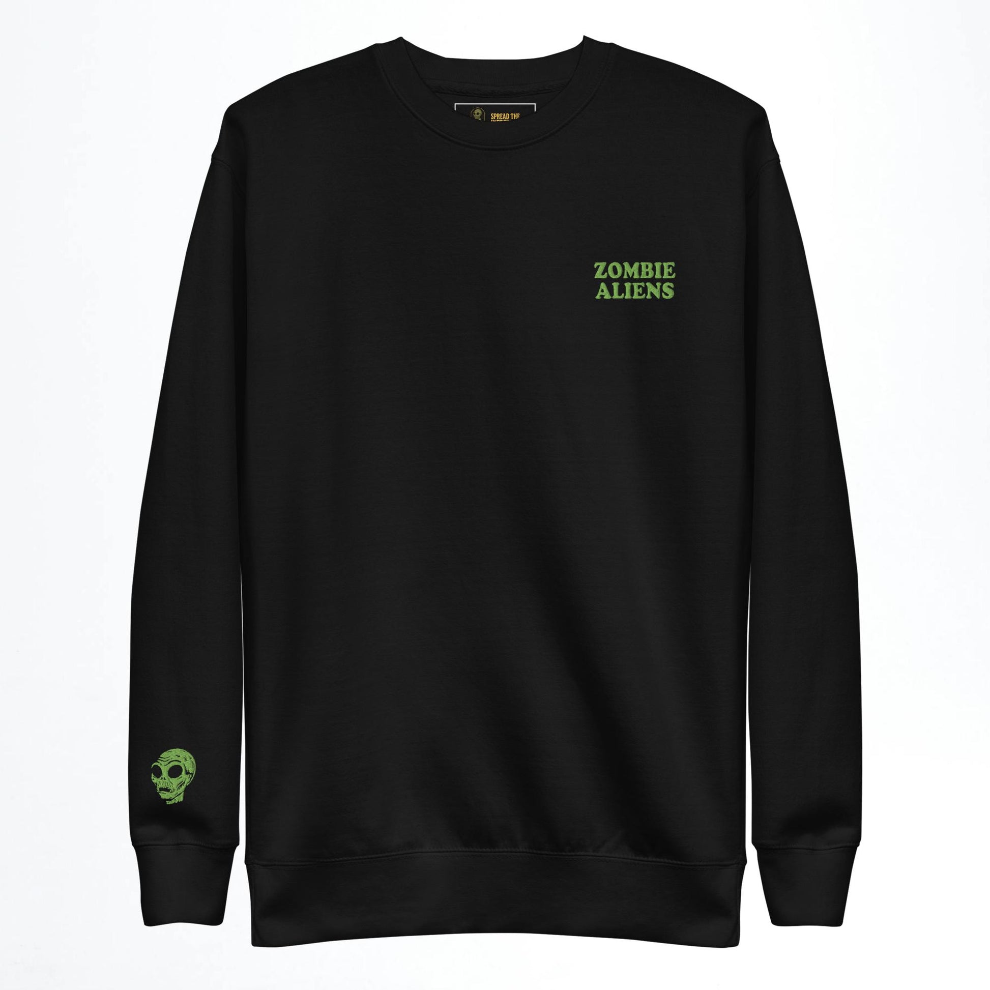 Black sweatshirt with 'Zombie Aliens' text and logo on a white background