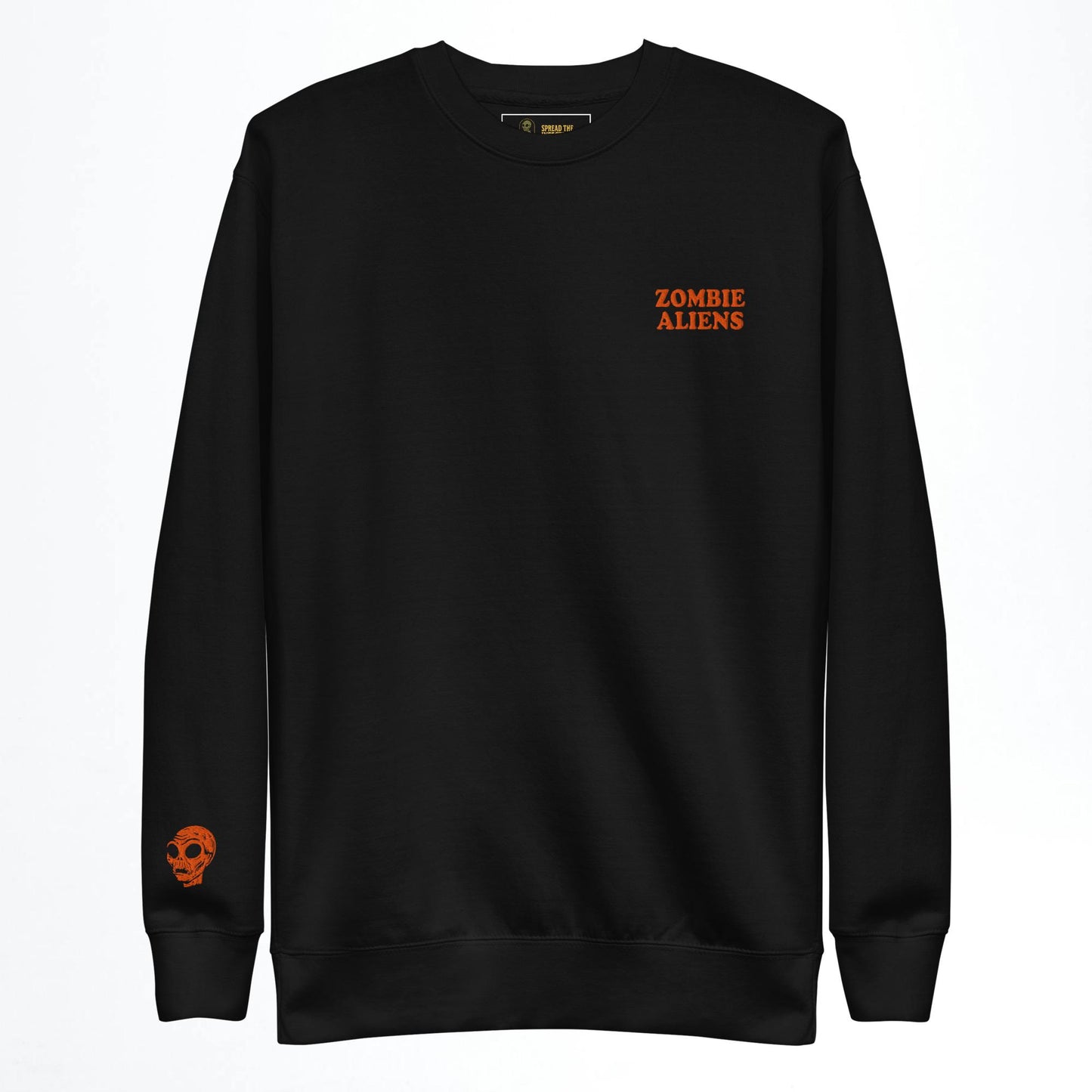Black sweatshirt with 'Zombie Aliens' text on a white background