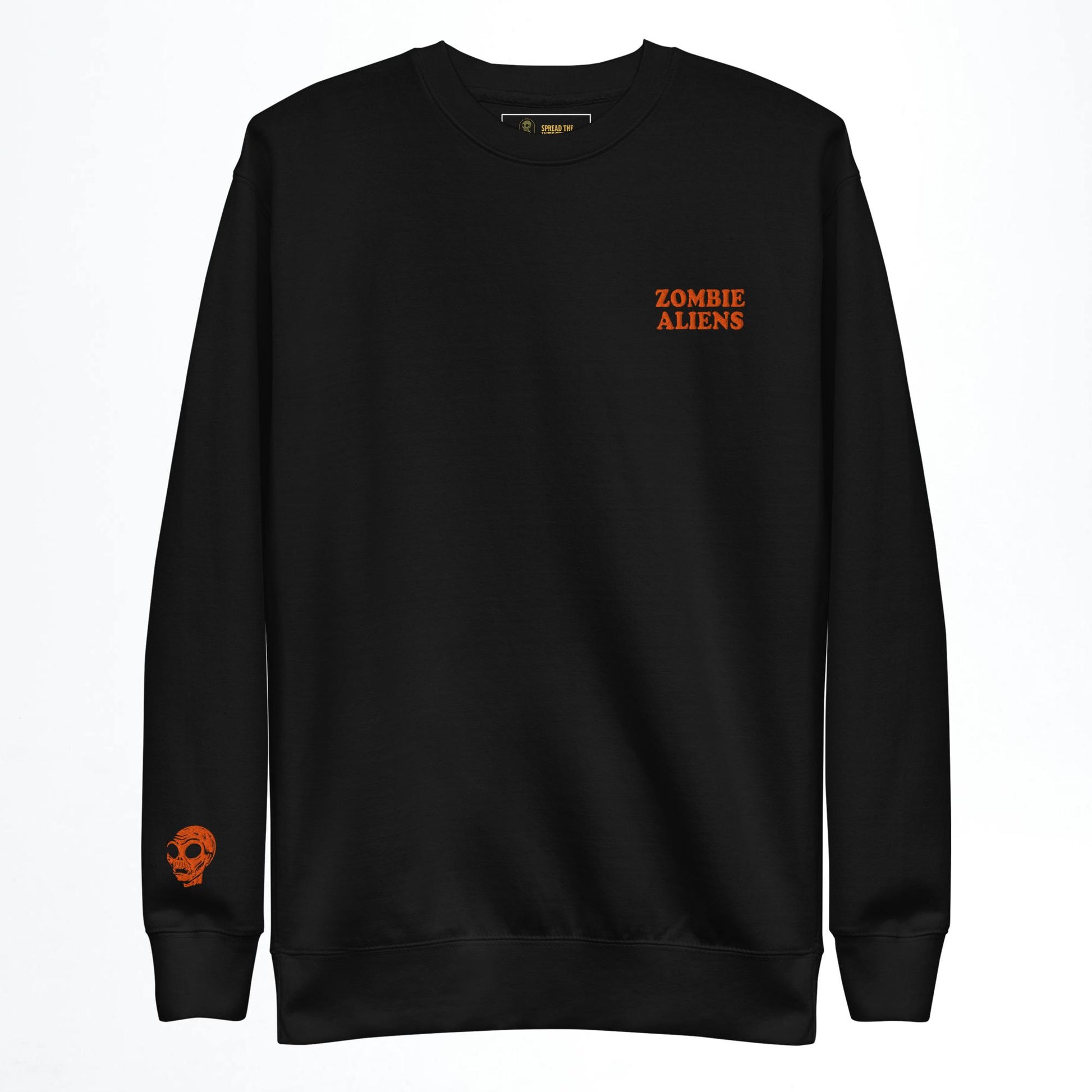 Black sweatshirt with 'Zombie Aliens' text on a white background