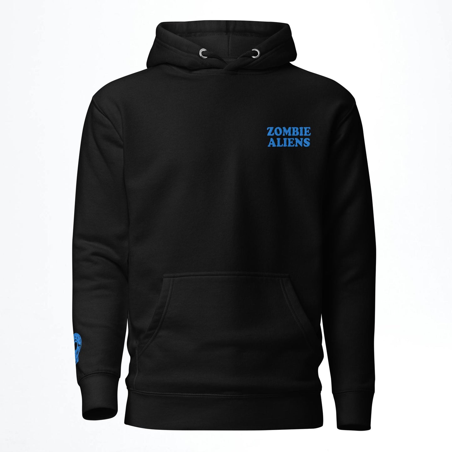 Black hoodie with 'Zombie Aliens' text on a white background