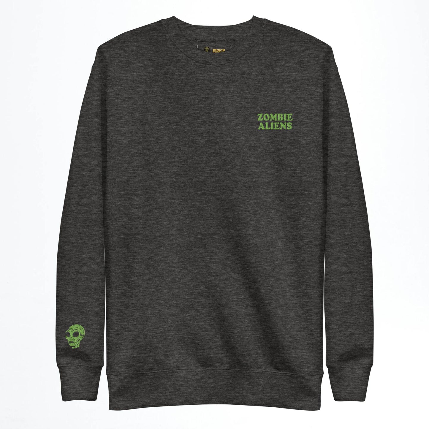 Charcoal Heather Sweatshirt with green Zombie Aliens and head embroidery