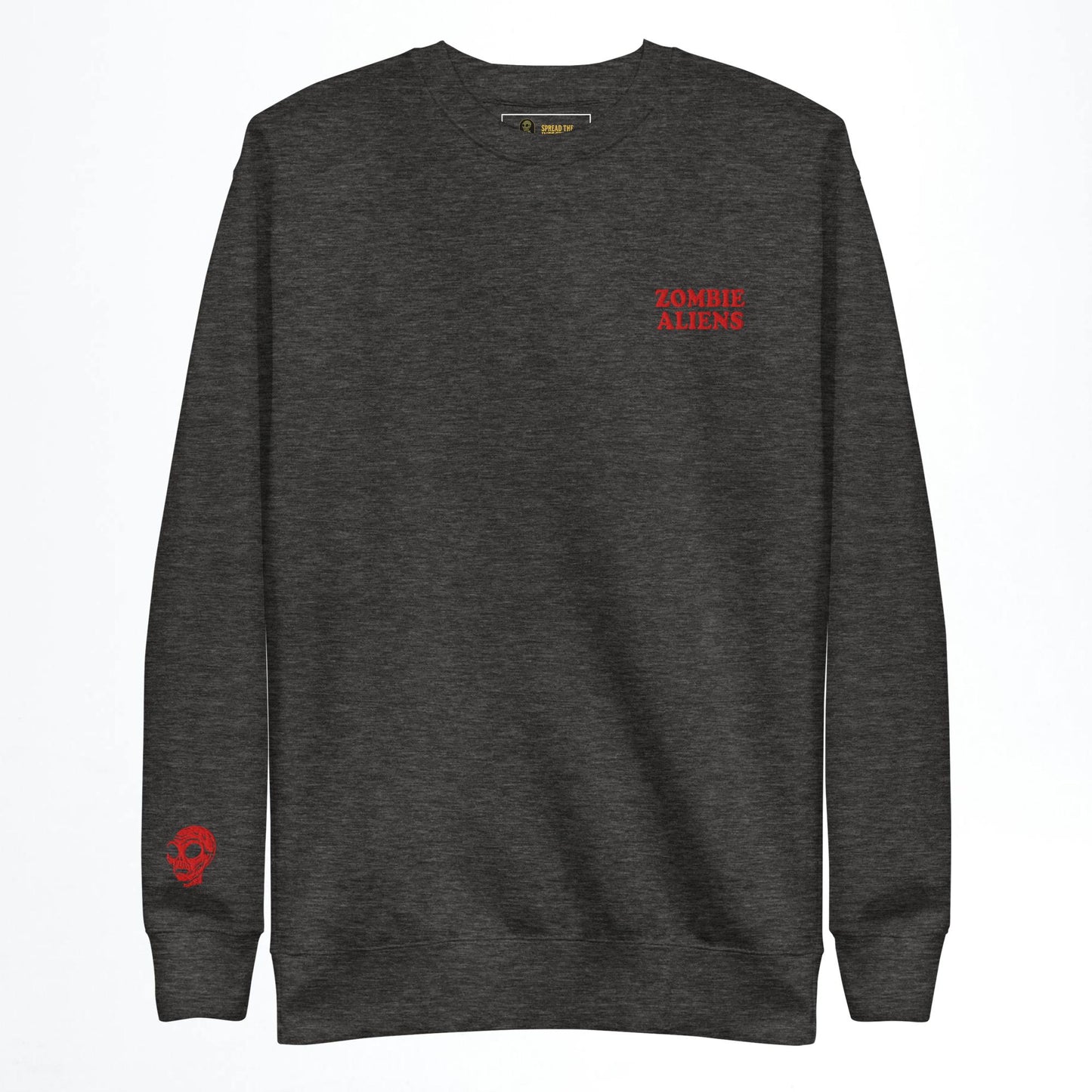 Charcoal Heather Sweatshirt with red Zombie Aliens and head embroidery