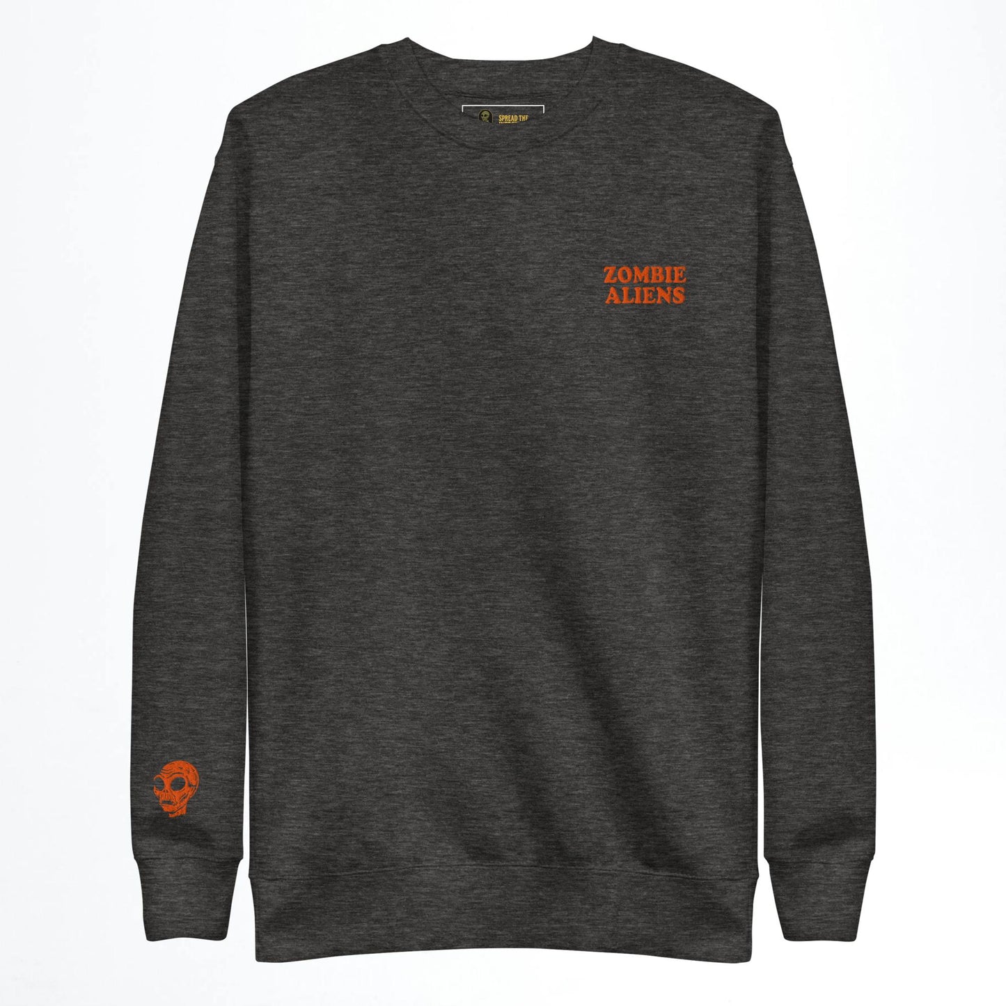 Dark gray sweatshirt with 'Zombie Aliens' text on a white background