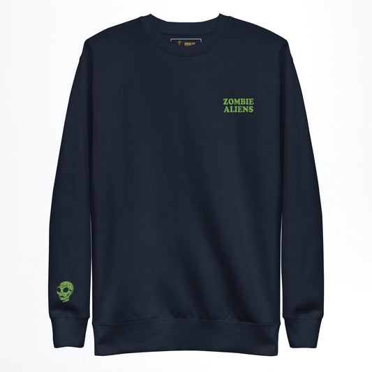 Navy sweatshirt with 'Zombie Aliens' text on a white background