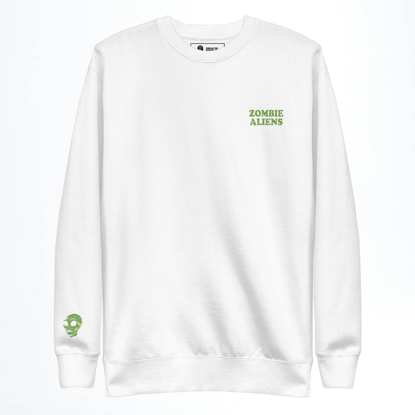 White Sweatshirt with green Zombie Aliens and head embroidery