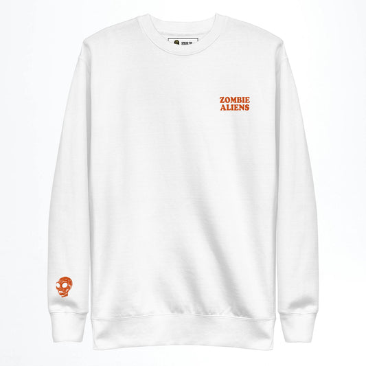 White sweatshirt with 'Zombie Aliens' text and small logo on a white background