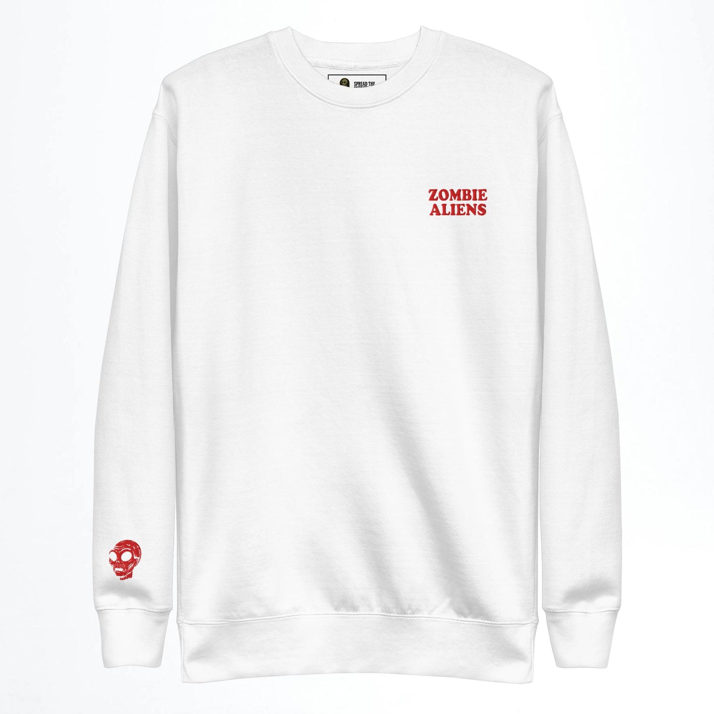 White Sweatshirt with red Zombie Aliens and head embroidery