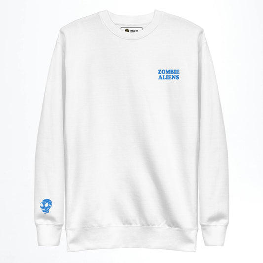 White sweatshirt with Zombie aliens blue text and logo on a white background