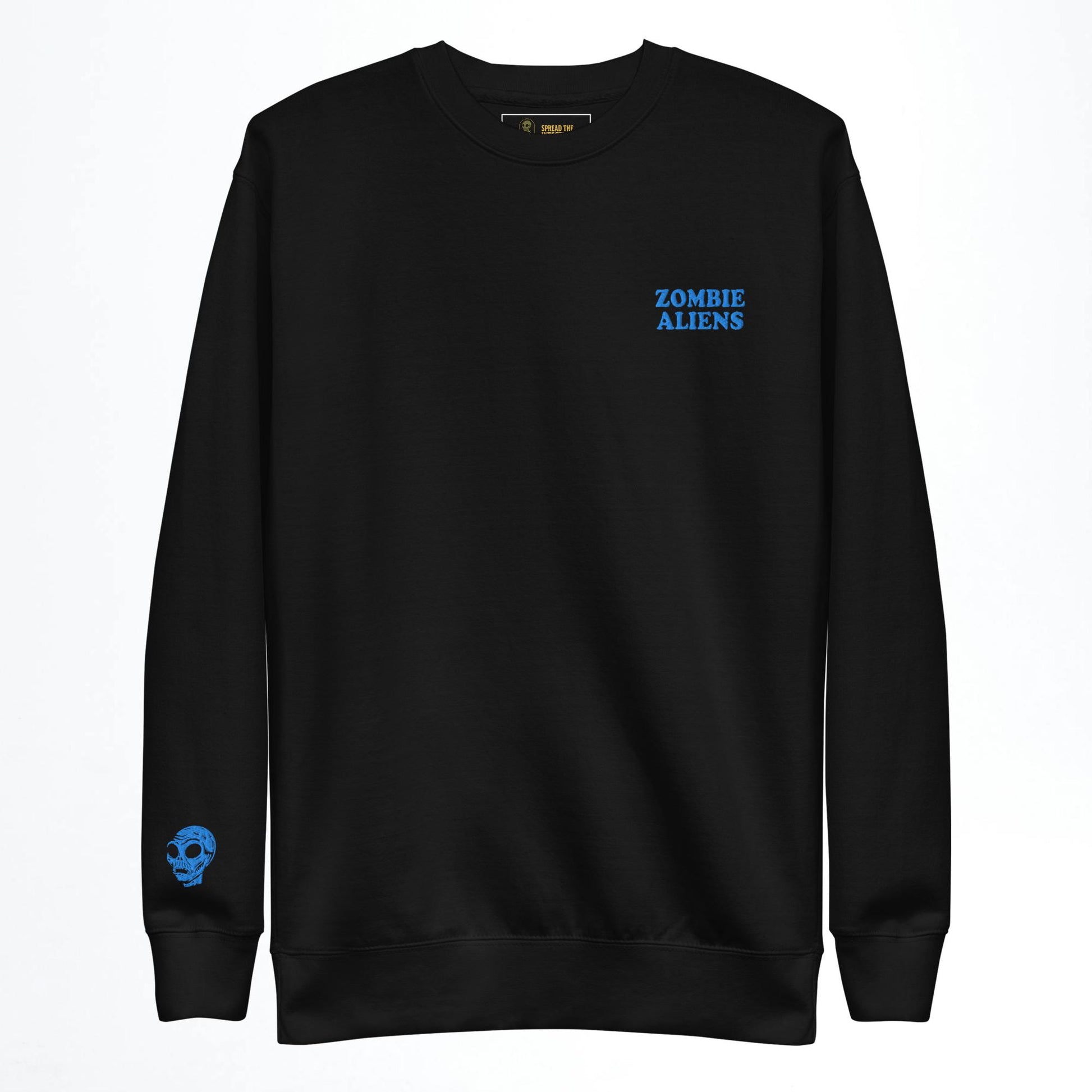 Black sweatshirt with 'Zombie Aliens' text on a white background
