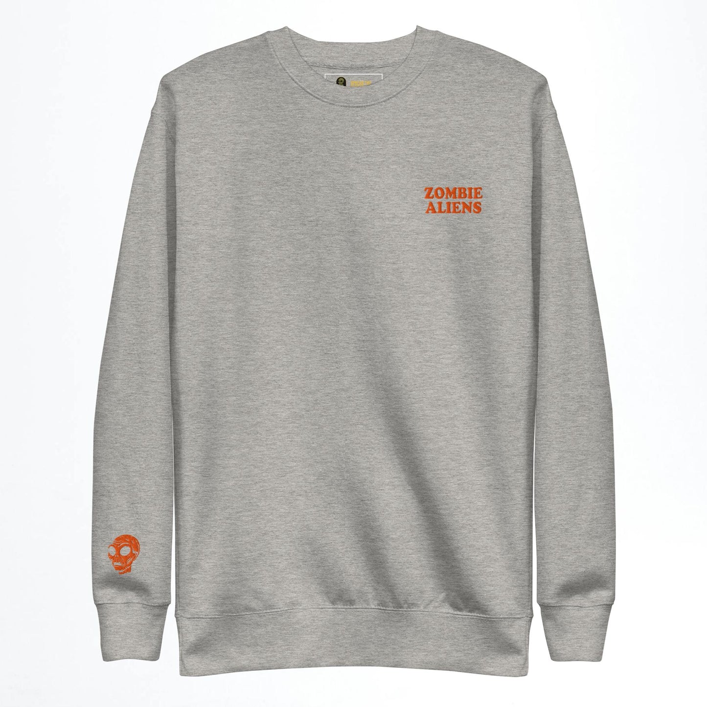 Grey sweatshirt with 'Zombie Aliens' text and skull logo on a white background